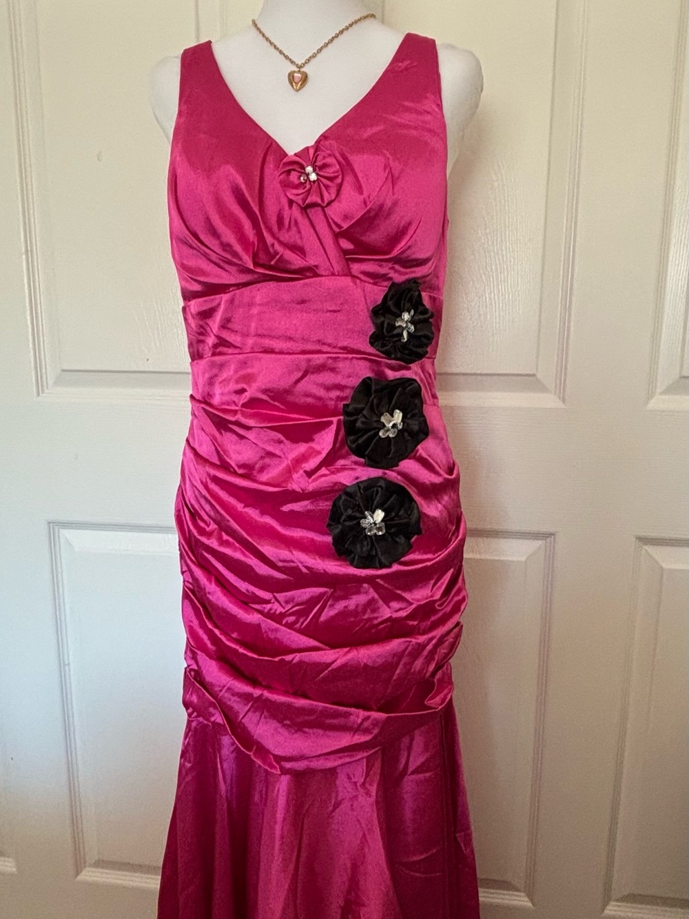 Y2k Prom Gown Birthday Satin Evening Dress with Black Floral Accents